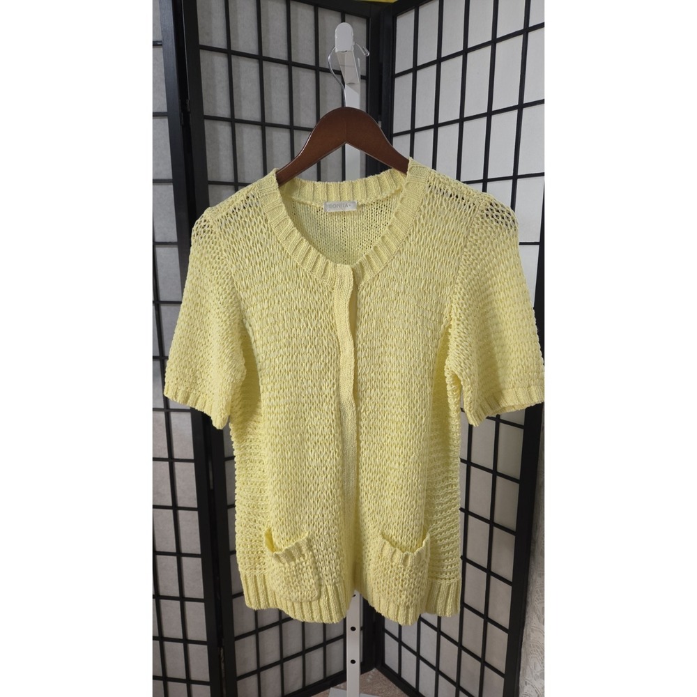 Grandmamore Cottagecore Womens Yellow Open‎ Knit Short Sleeve Cardigan Size M
